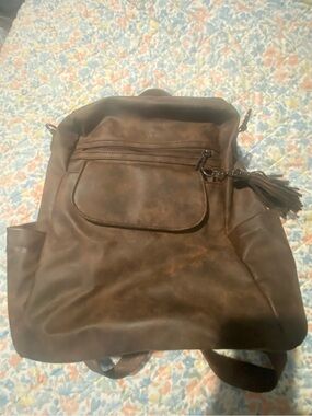 Women's Brown Faux-Leather Backpack with Tassel Accent